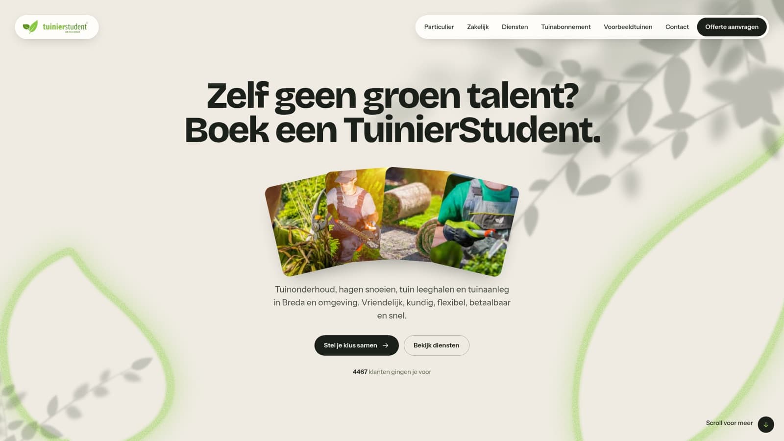 Homepagina van TuinierStudent met de kop 'Zelf geen groen talent? Boek een TuinierStudent' boven een waaier van tuinfoto's